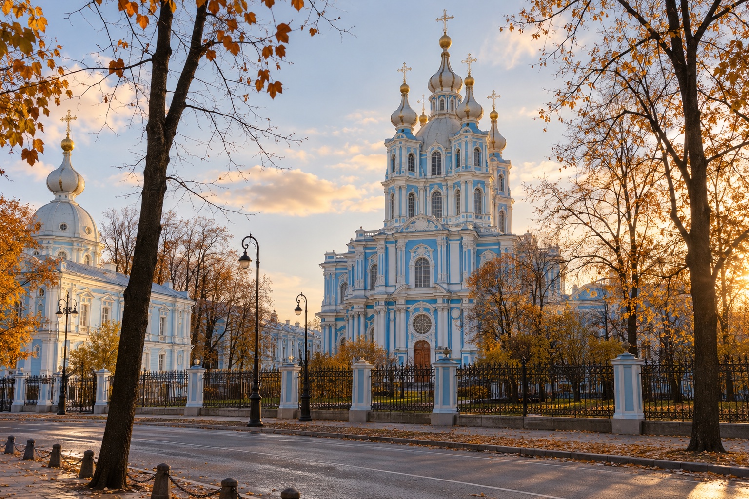Смольный собор в вечернем свете (иллюстрация ИИ)