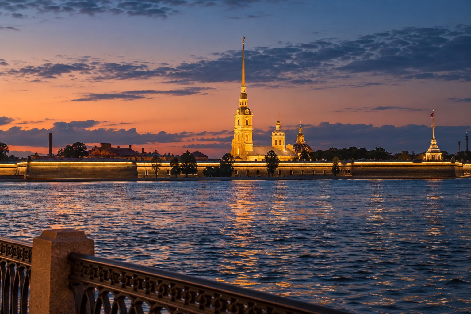 Крепостной шпиль над вечерней рекой (иллюстрация ИИ)